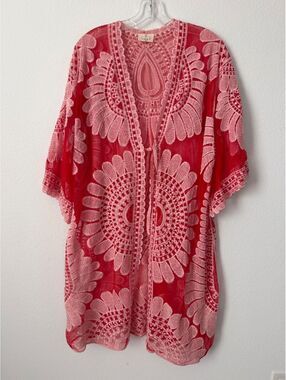 EMBER Red Mesh Cream Embroidered 3/4 Sleeve Tie Front Duster Cardigan Size M